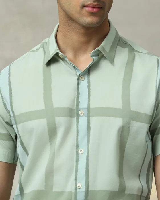 MUFTI Light Green Large Check Slim Fit Casual Shirt
