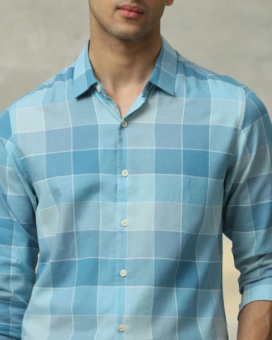 MUFTI Teal Large Check Slim Fit Casual Shirt