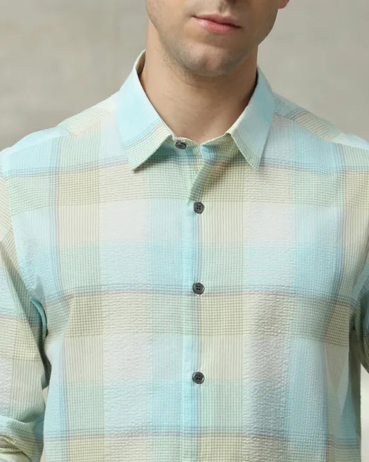 MUFTI Light Blue Seersucker Check Slim Fit Casual Shirt