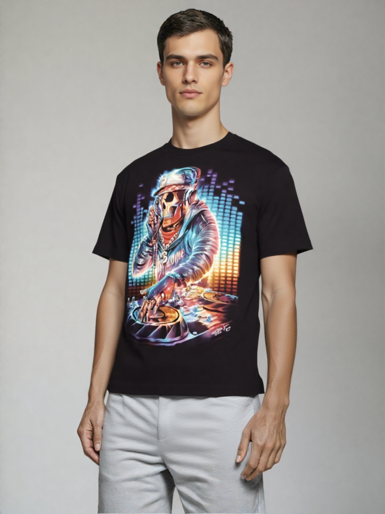 Men DJ From the Grave – Neon Skull Party T-Shirt