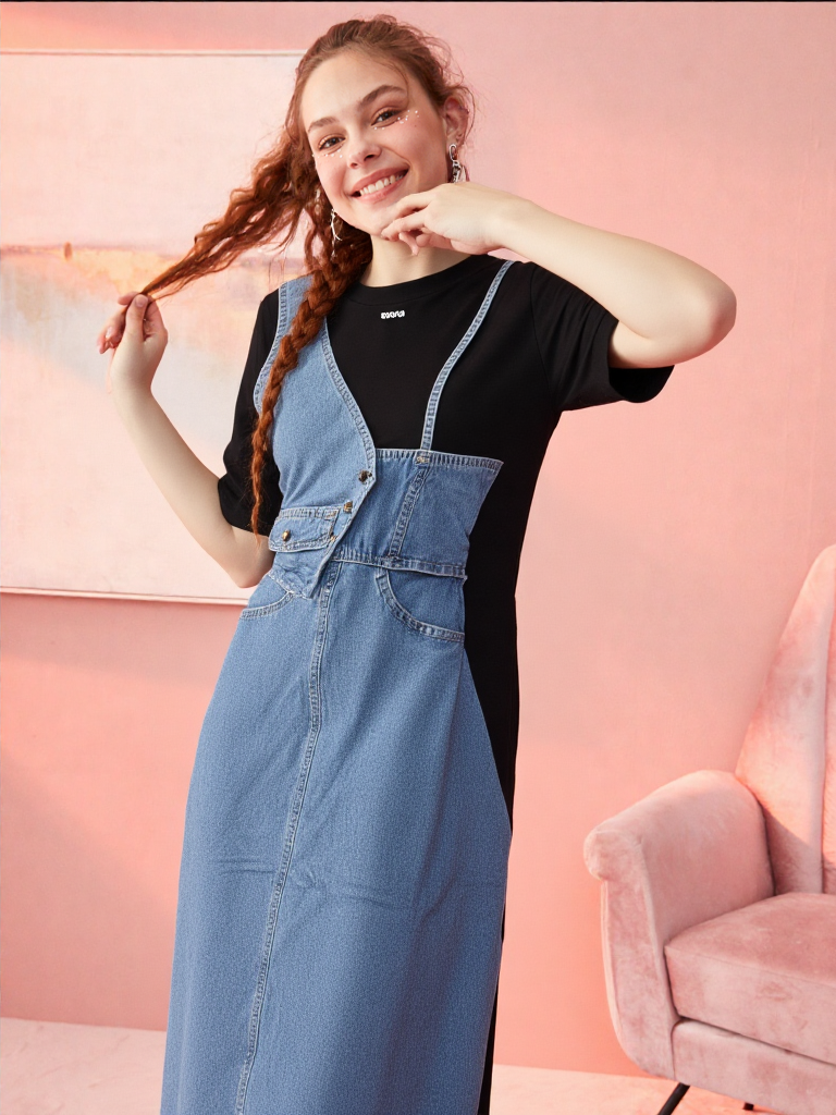 Women's Denim & Black Panel Tunic Dress