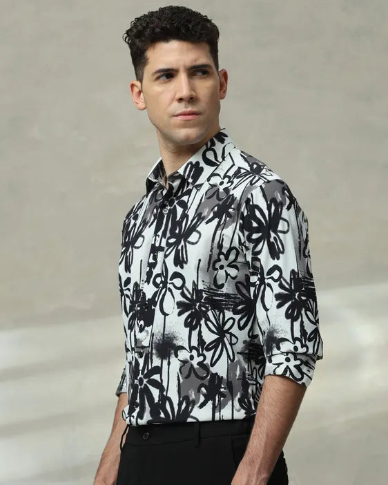 MUFTI Black Scuba Print Stretch Slim Fit Casual Shirt