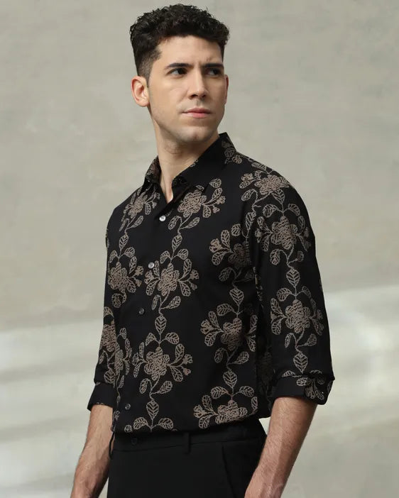MUFTI Black Floral Print Slim Fit Casual Shirt