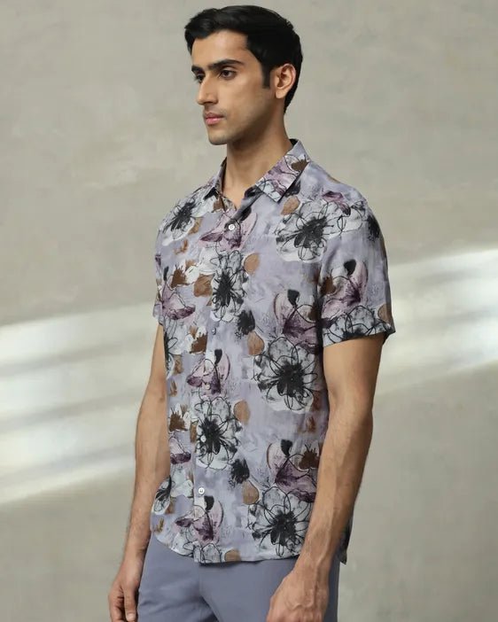 MUFTI Lilac Floral Print Slim Fit Casual Shirt