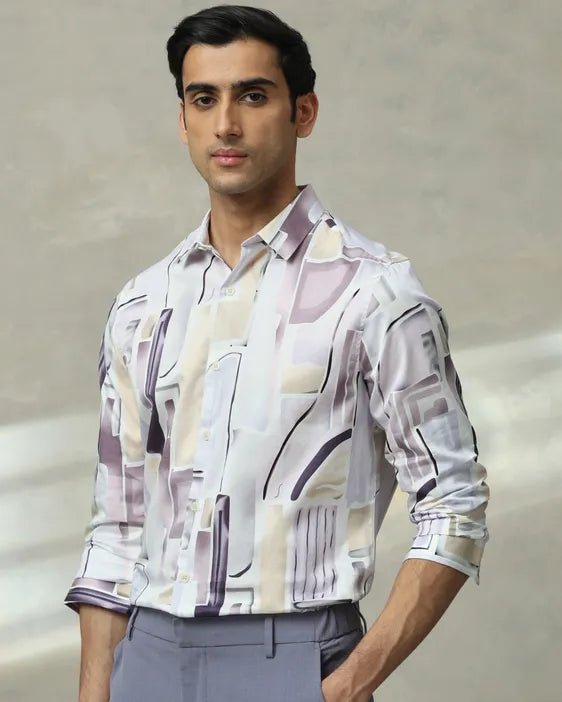 MUFTI Lilac Abstract Print Slim Fit Casual Shirt