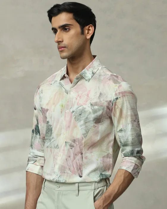 MUFTI Pastel Pink Digital Print Slim Fit Casual Shirt