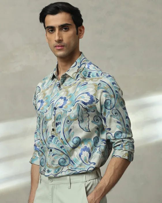 MUFTI Teal Leaf Print Slim Fit Casual Shirt