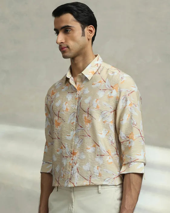 MUFTI Beige Floral Print Slim Fit Casual Shirt