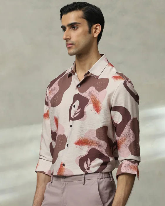 MUFTI Brown Leaf Print Slim Fit Casual Shirt