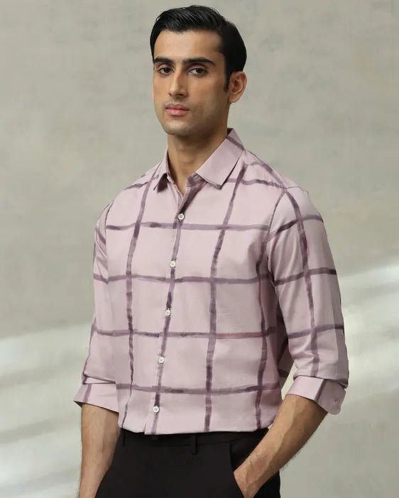 MUFTI Lilac Large Check Slim Fit Casual Shirt