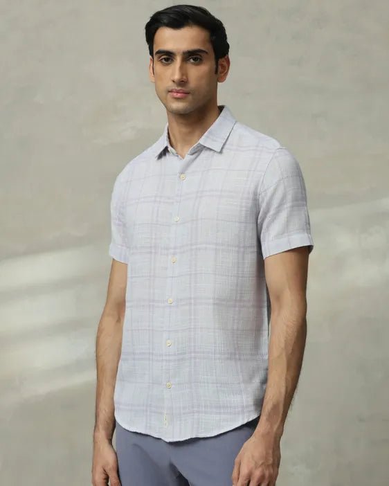 MUFTI Lilac Square Check Slim Fit Casual Shirt