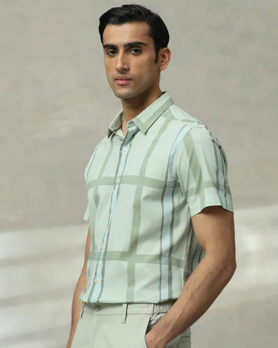 MUFTI Light Green Large Check Slim Fit Casual Shirt