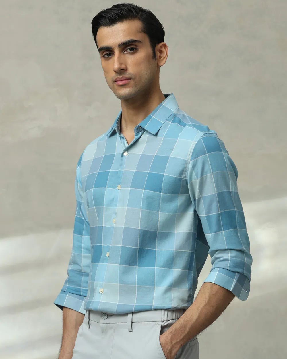 MUFTI Teal Large Check Slim Fit Casual Shirt