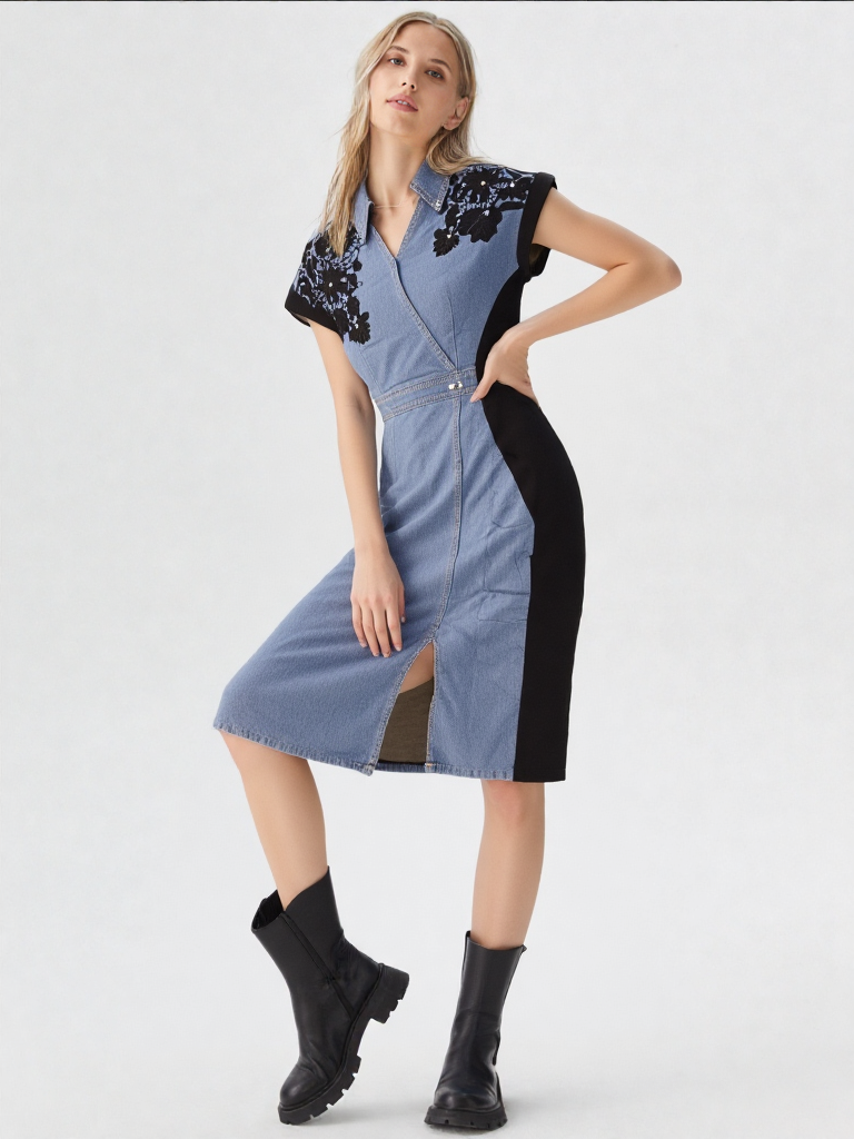 Women's Denim & Black Panel Tunic Dress