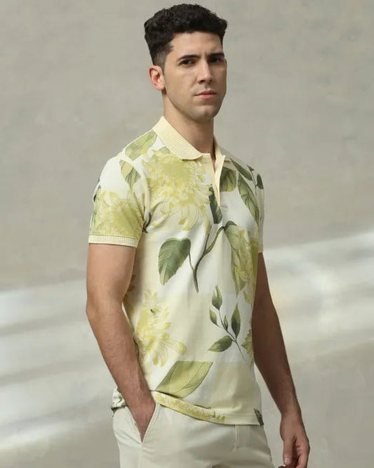 MUFTI Light Yellow Floral Print Slim Fit T-Shirt