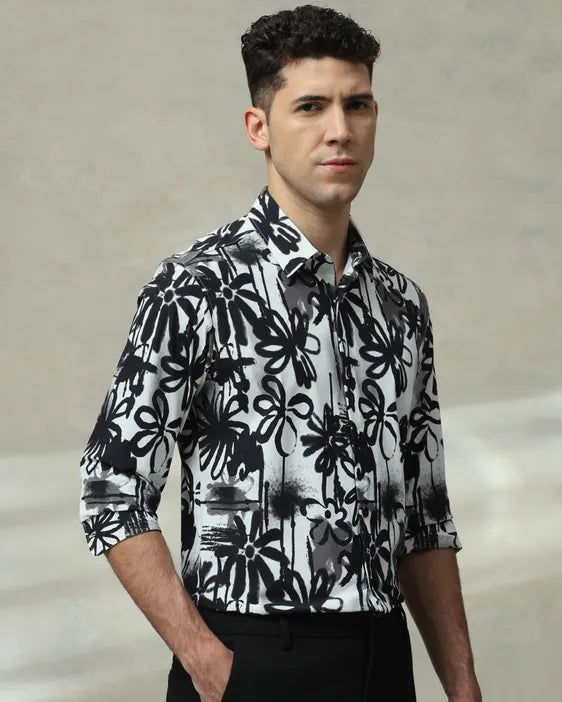 MUFTI Black Scuba Print Stretch Slim Fit Casual Shirt