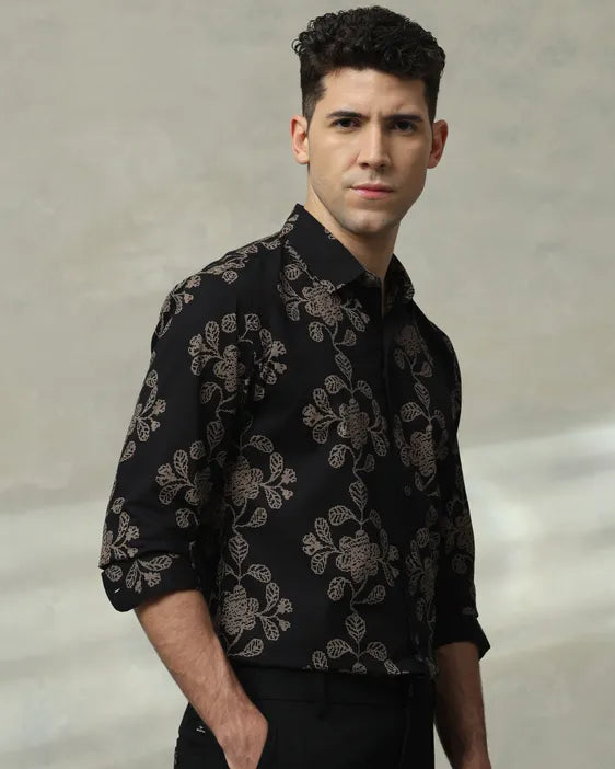 MUFTI Black Floral Print Slim Fit Casual Shirt