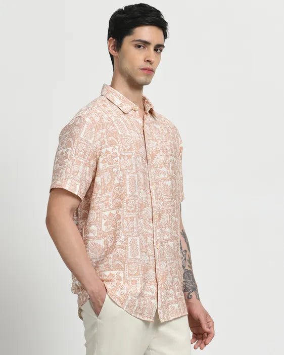 MUFTI Peach Resort Print Slim Fit Casual Shirt