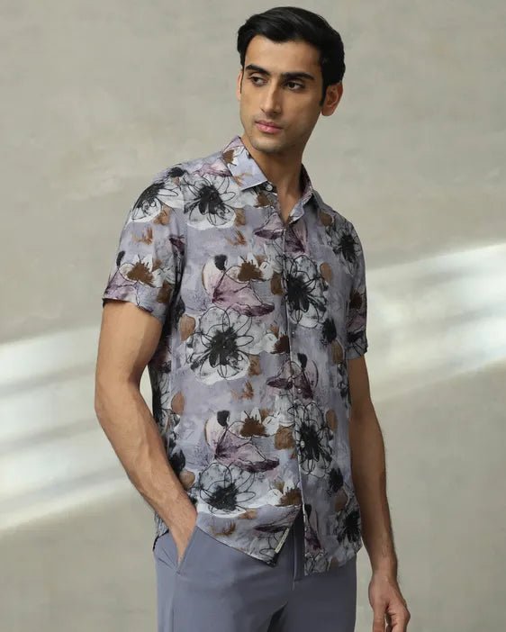 MUFTI Lilac Floral Print Slim Fit Casual Shirt