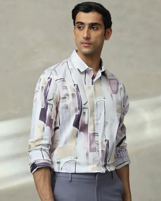 MUFTI Lilac Abstract Print Slim Fit Casual Shirt