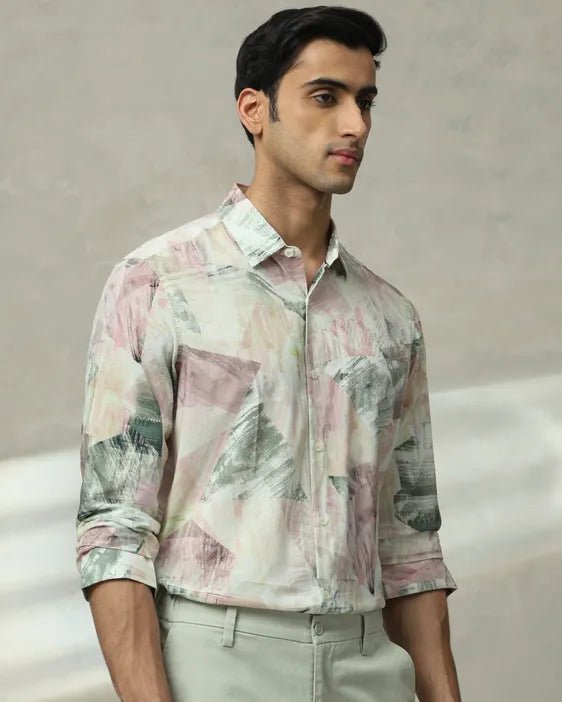 MUFTI Pastel Pink Digital Print Slim Fit Casual Shirt