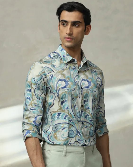 MUFTI Teal Leaf Print Slim Fit Casual Shirt