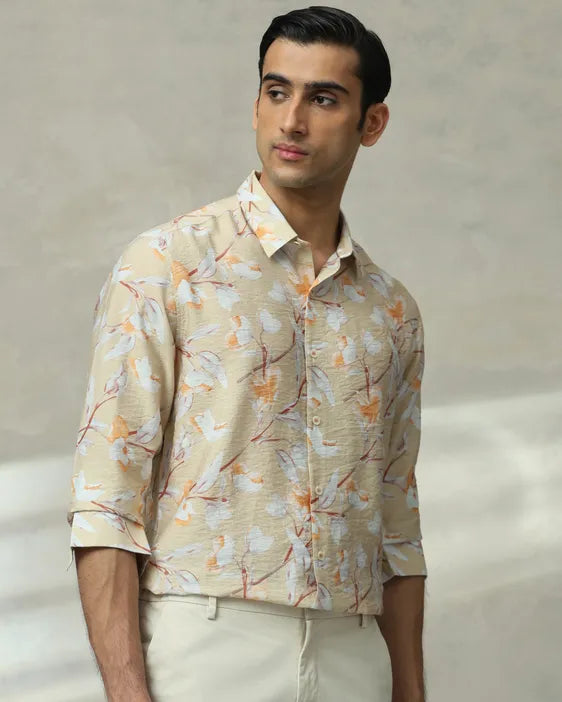 MUFTI Beige Floral Print Slim Fit Casual Shirt