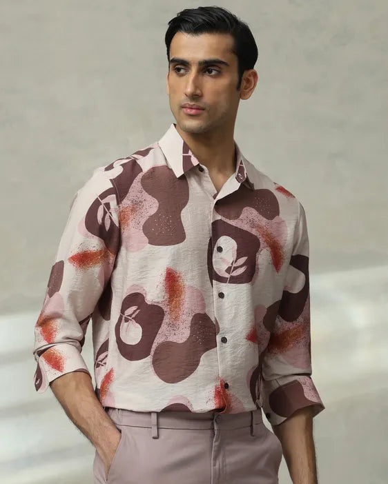 MUFTI Brown Leaf Print Slim Fit Casual Shirt