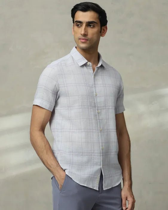 MUFTI Lilac Square Check Slim Fit Casual Shirt