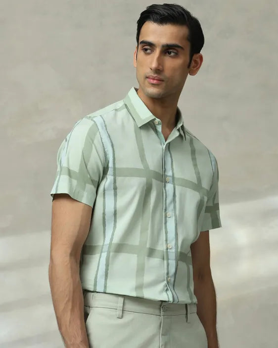 MUFTI Light Green Large Check Slim Fit Casual Shirt