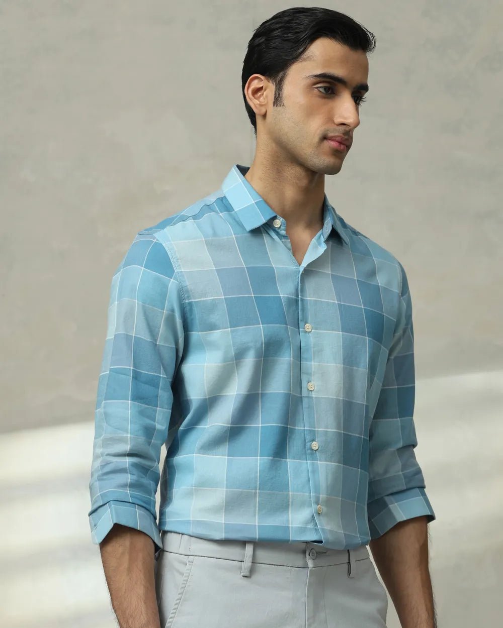 MUFTI Teal Large Check Slim Fit Casual Shirt