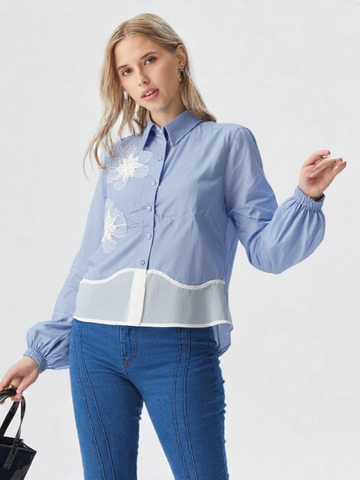 Women's Button-Down Shirt with White Floral Embroidery