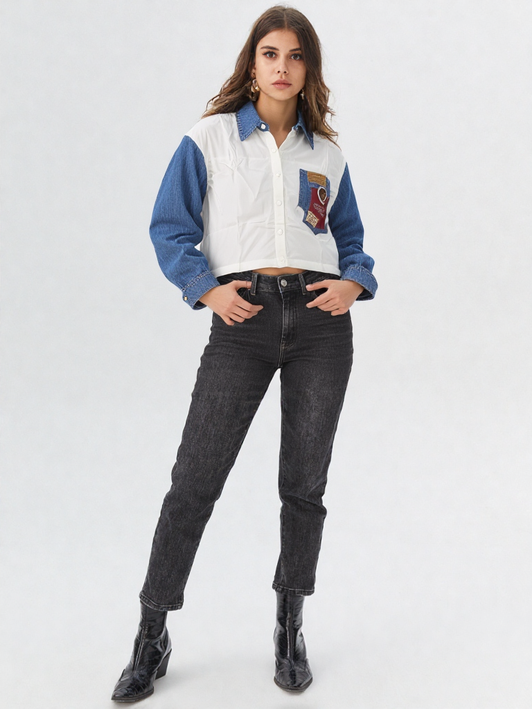 Women's Colorblock Denim Sleeve Shirt