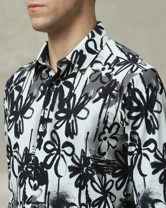 MUFTI Black Scuba Print Stretch Slim Fit Casual Shirt