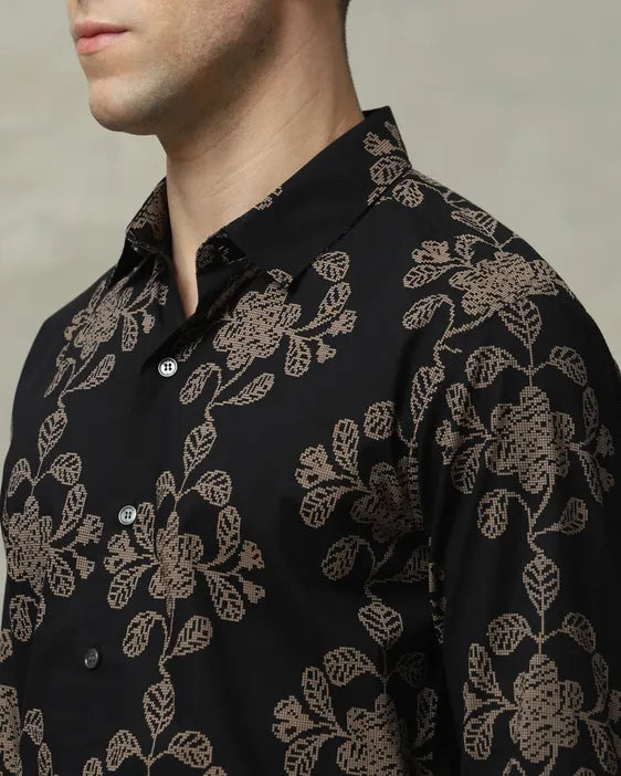 MUFTI Black Floral Print Slim Fit Casual Shirt