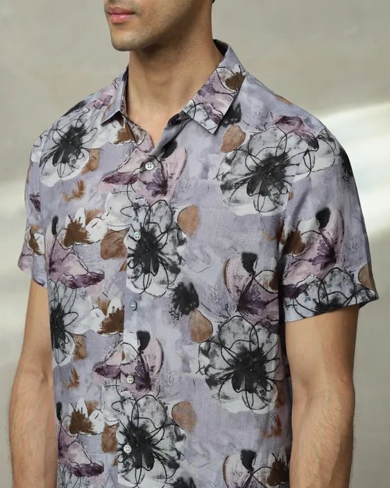 MUFTI Lilac Floral Print Slim Fit Casual Shirt