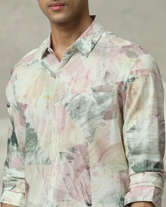 MUFTI Pastel Pink Digital Print Slim Fit Casual Shirt