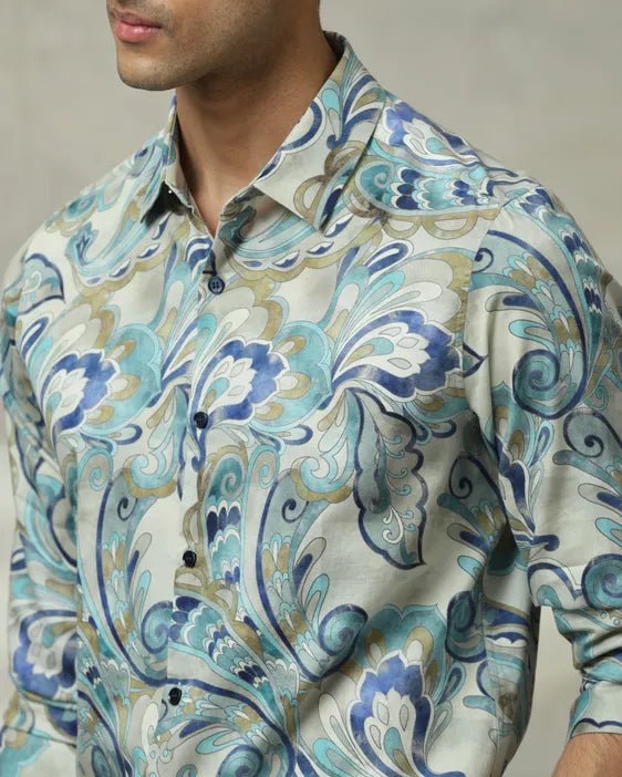 MUFTI Teal Leaf Print Slim Fit Casual Shirt