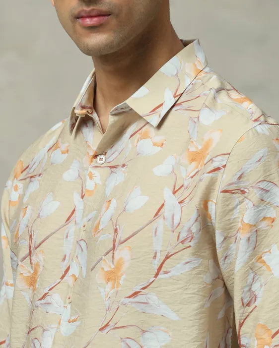 MUFTI Beige Floral Print Slim Fit Casual Shirt