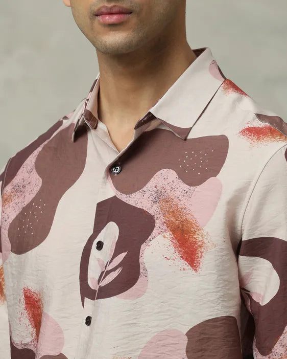 MUFTI Brown Leaf Print Slim Fit Casual Shirt