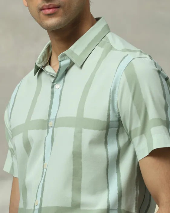 MUFTI Light Green Large Check Slim Fit Casual Shirt