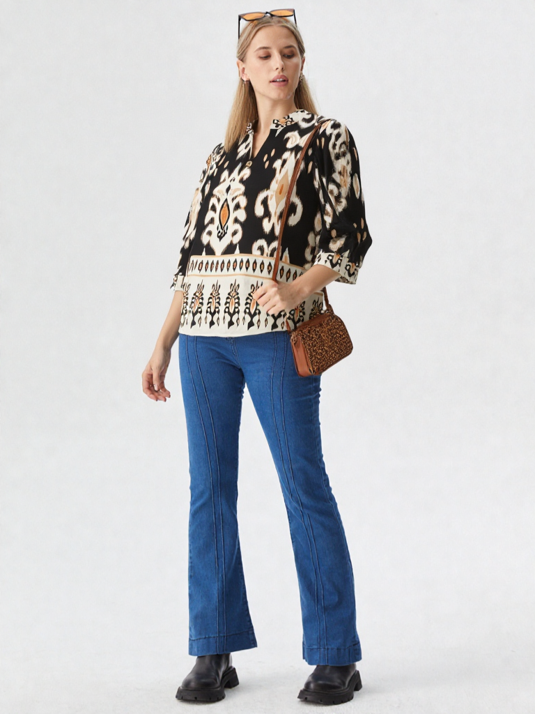 Women's Patterned V-neck Top with Floral and Geometric Design