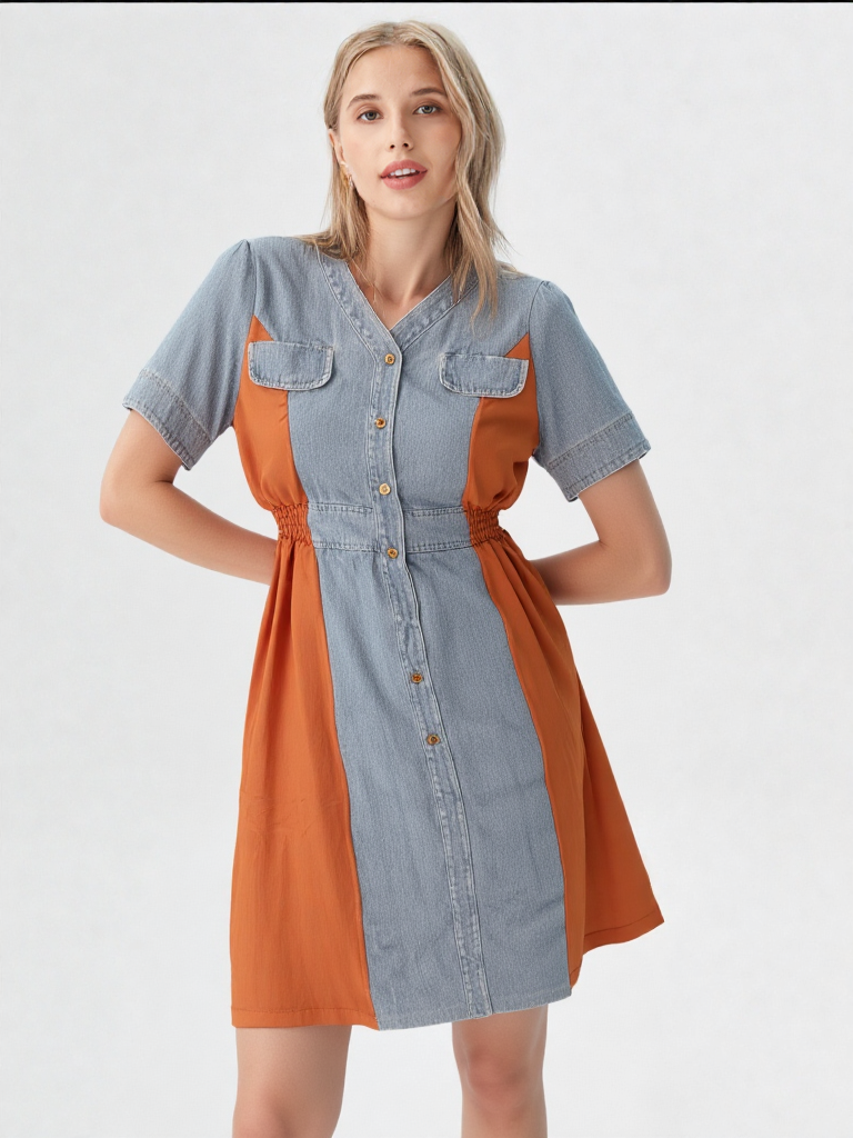 Women's Denim & Colorblock Button-Down Tunic