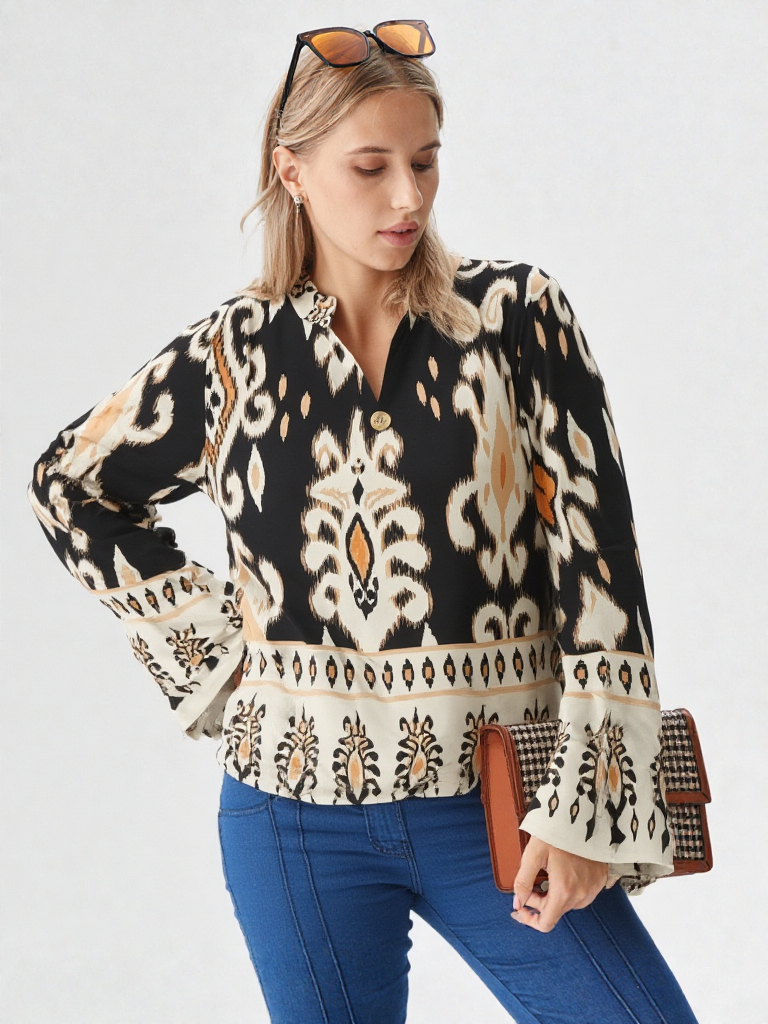 Women's Patterned V-neck Top with Floral and Geometric Design