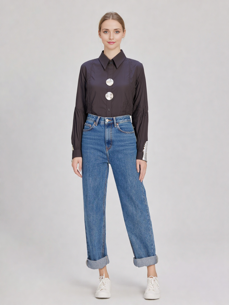 Women's Oversized Metal Buttons & Distressed Denim Patch Sleeves Shirt