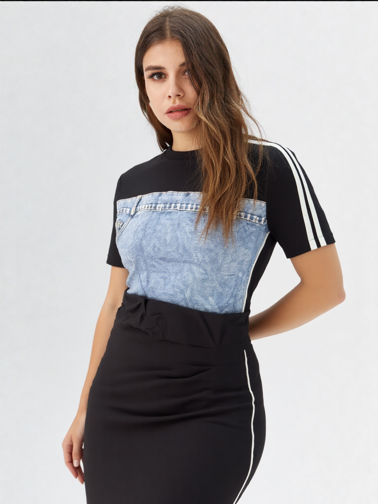 Women's Black Bodycon Dress with Denim Chest Panel