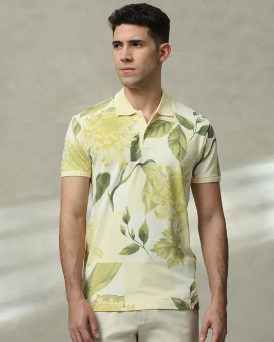 MUFTI Light Yellow Floral Print Slim Fit T-Shirt