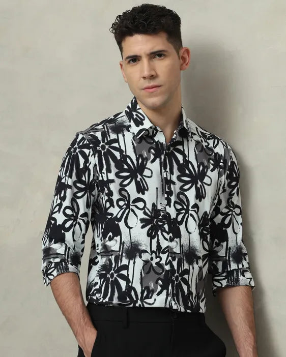 MUFTI Black Scuba Print Stretch Slim Fit Casual Shirt