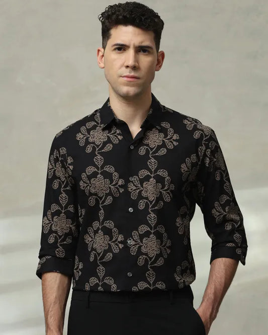 MUFTI Black Floral Print Slim Fit Casual Shirt