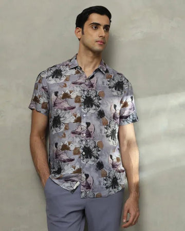 MUFTI Lilac Floral Print Slim Fit Casual Shirt
